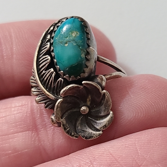Vintage OLD navajo squash blossom ring sz 6 turquoise Native American sterling - Picture 7 of 12